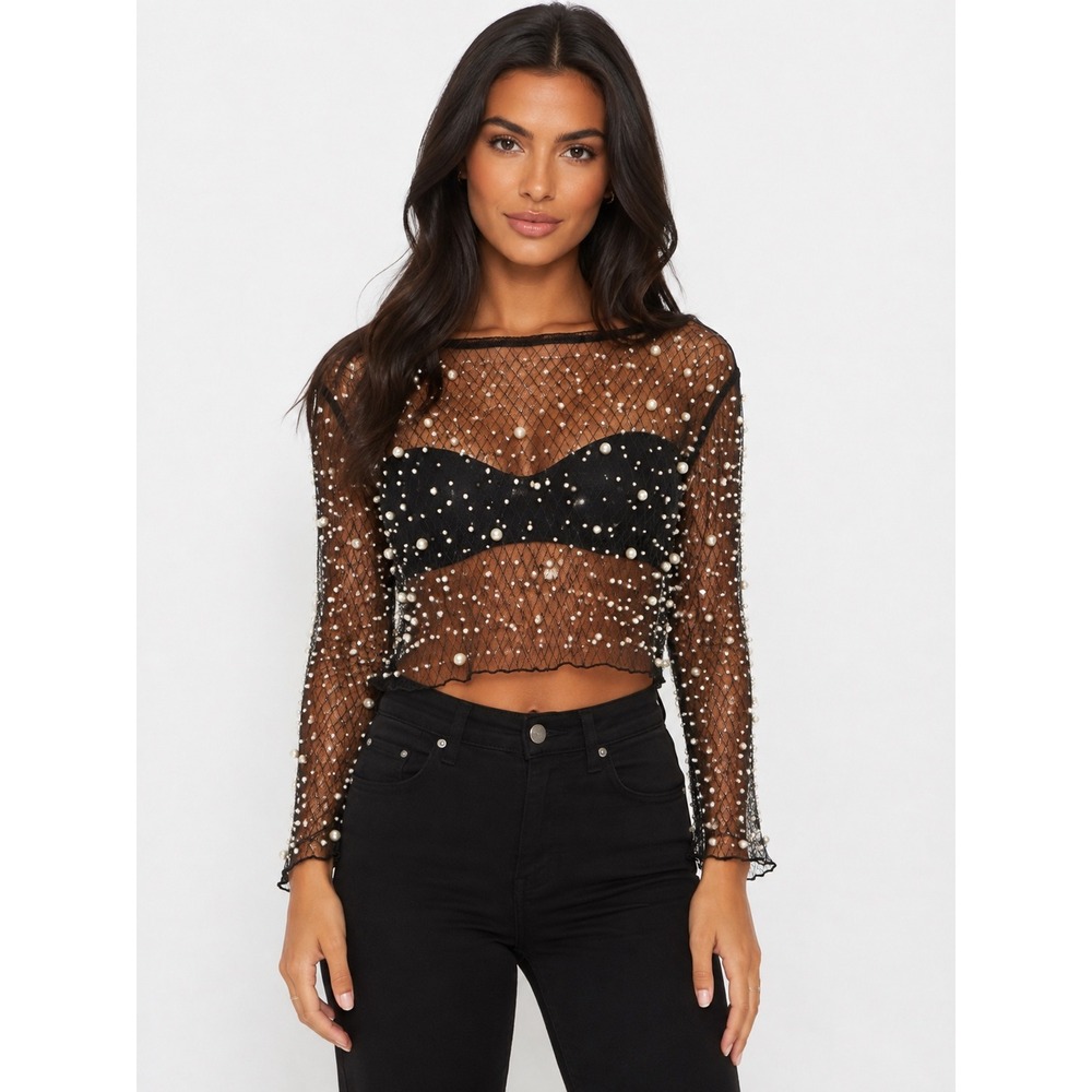 Forever 21 Size M Black Sheer Mesh Pearl Beaded Crop Top Y2K Party